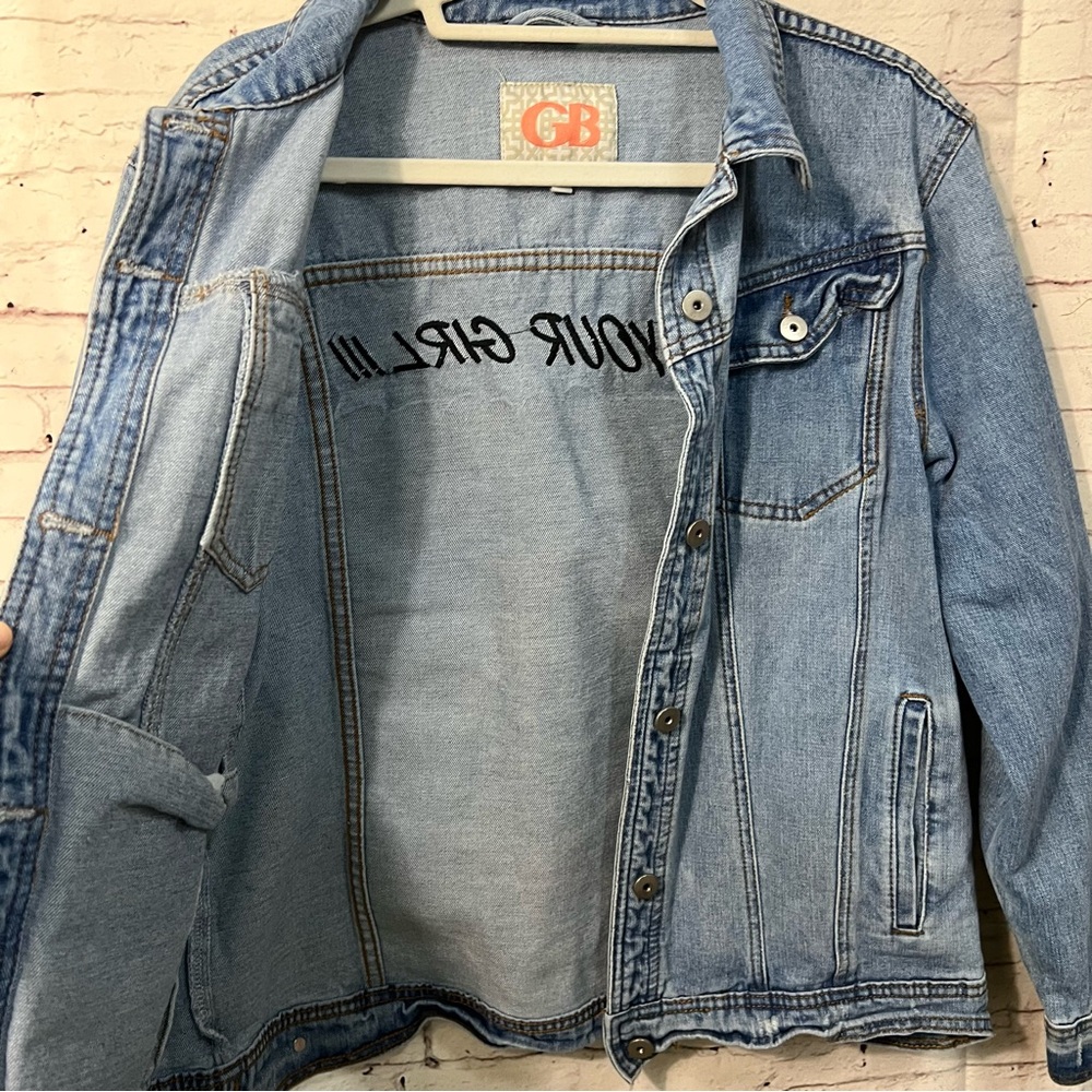 Vintage Y2K Denim Pop Art Not Your Girl Jean Trucker Jacket Mid Wash Large - Picture 5 of 7